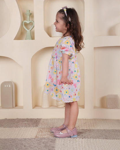Polka Tots White & Multicolor Frock with Headband-Floral Print-Cotton-For Infants