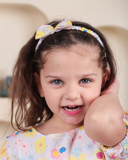 Polka Tots White & Multicolor Frock with Headband-Floral Print-Cotton-For Infants