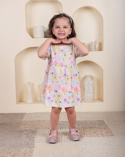 Polka Tots White & Multicolor Frock with Headband-Floral Print-Cotton-For Infants