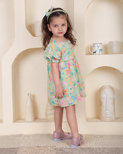 Polka Tots Green Frock with Headband-Floral Print-Cotton-For Infants