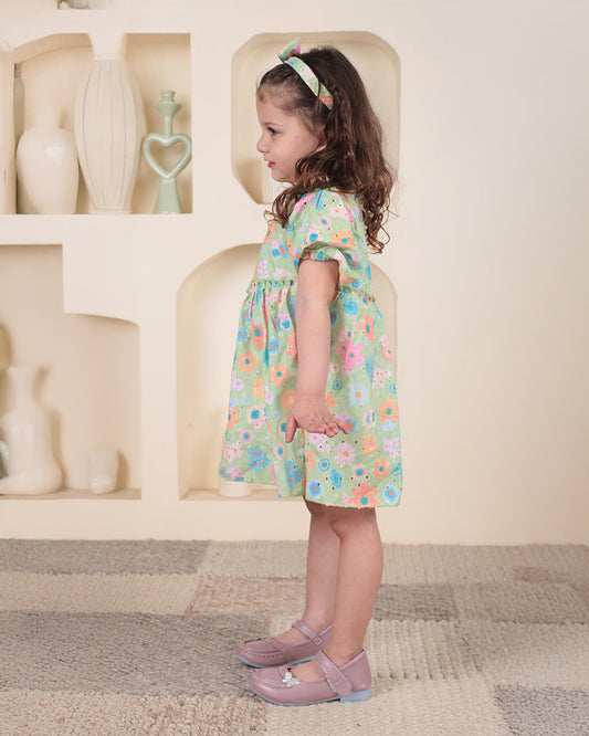 Polka Tots Green Frock with Headband-Floral Print-Cotton-For Infants