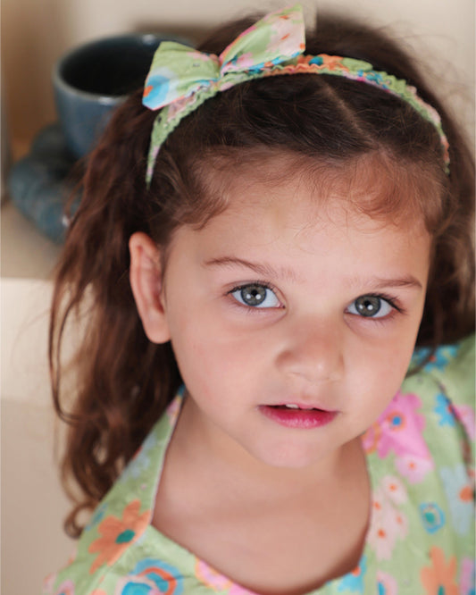 Polka Tots Green Frock with Headband-Floral Print-Cotton-For Infants