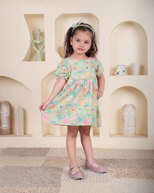 Polka Tots Green Frock with Headband-Floral Print-Cotton-For Infants
