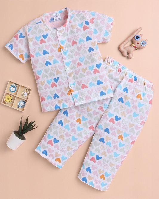 Polka Tots Multicolor Jhabla & Pajama Set-Mini Hearts Print-Cotton-For Infants