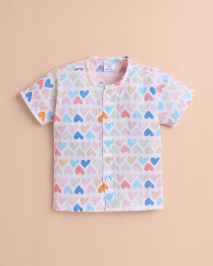 Polka Tots Multicolor Jhabla & Pajama Set-Mini Hearts Print-Cotton-For Infants