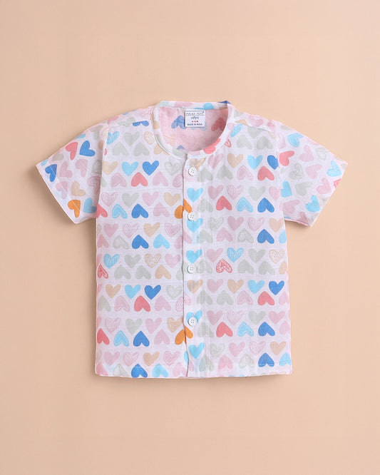 Polka Tots Multicolor Jhabla & Pajama Set-Mini Hearts Print-Cotton-For Infants