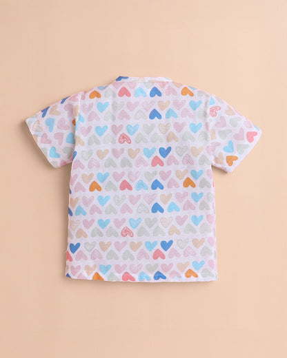 Polka Tots Multicolor Jhabla & Pajama Set-Mini Hearts Print-Cotton-For Infants