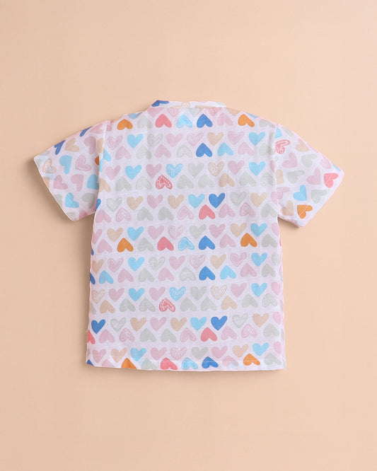 Polka Tots Multicolor Jhabla & Pajama Set-Mini Hearts Print-Cotton-For Infants