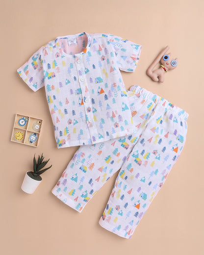Polka Tots Multicolor Jhabla & Pajama Set-Tiny Town Print-Cotton-For Infants