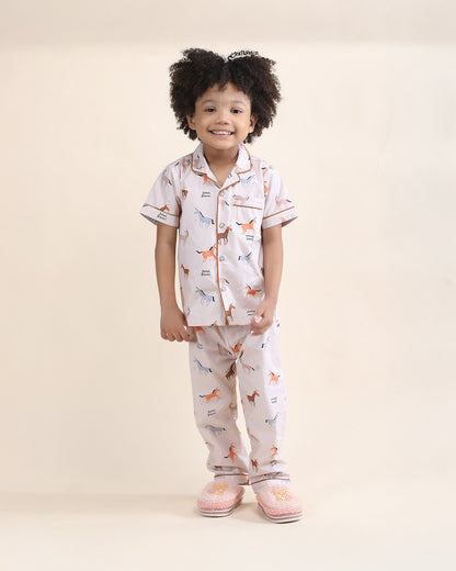 Polka Tots Beige Nightsuit-Horse Print-Cotton-For Infants