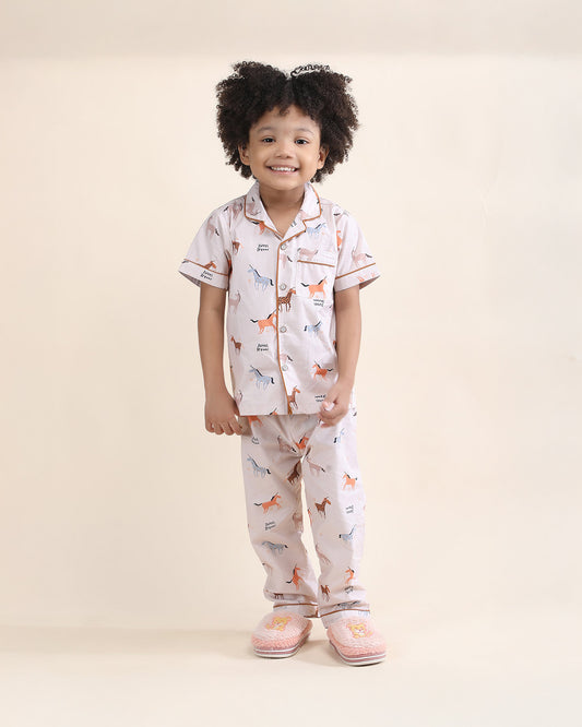 Polka Tots Beige Nightsuit-Horse Print-Cotton-For Infants