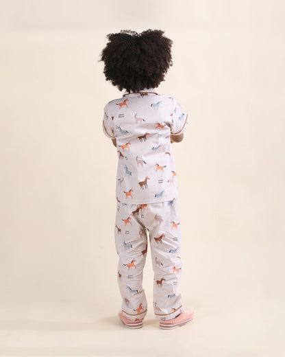 Polka Tots Beige Nightsuit-Horse Print-Cotton-For Infants