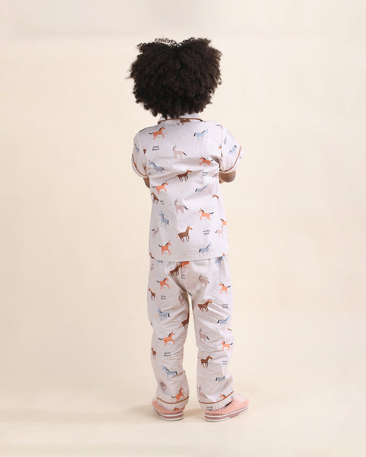 Polka Tots Beige Nightsuit-Horse Print-Cotton-For Infants