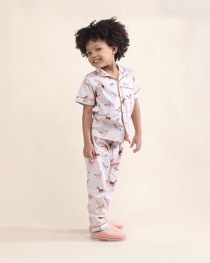 Polka Tots Beige Nightsuit-Horse Print-Cotton-For Infants
