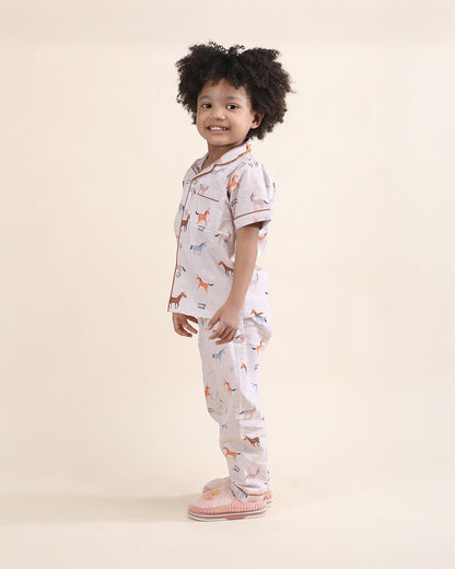 Polka Tots Beige Nightsuit-Horse Print-Cotton-For Infants