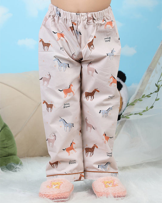 Polka Tots Beige Nightsuit-Horse Print-Cotton-For Infants