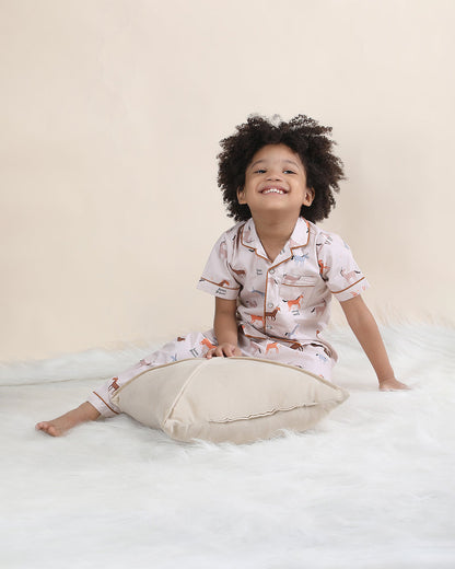 Polka Tots Beige Nightsuit-Horse Print-Cotton-For Infants