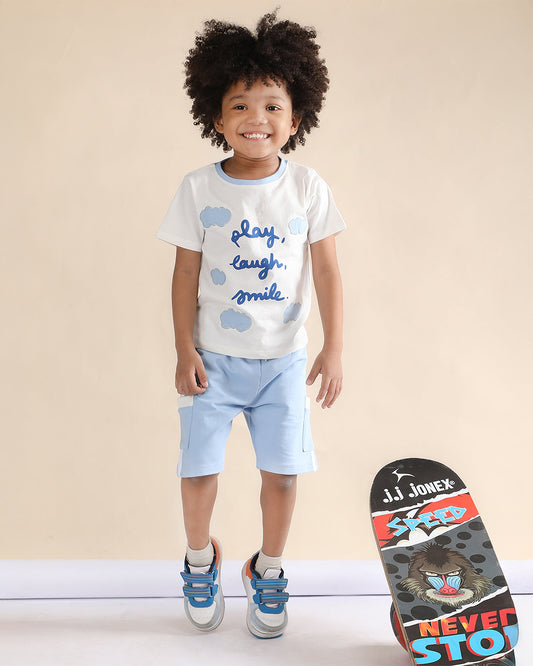 Polka Tots Blue T-shirt & Shorts Set-Laugh & Smile Print-Cotton-For Infants
