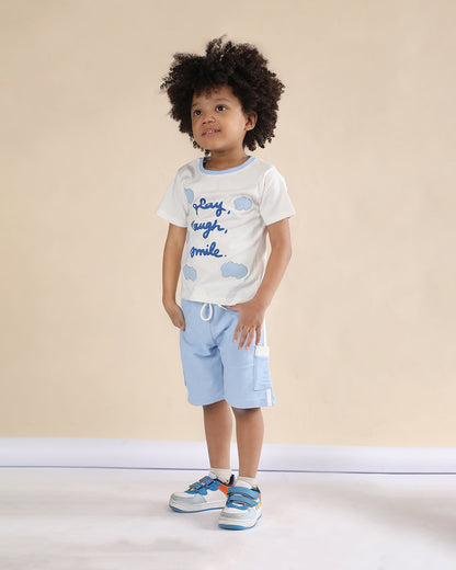 Polka Tots Blue T-shirt & Shorts Set-Laugh & Smile Print-Cotton-For Infants