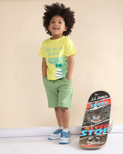 Polka Tots Yellow & Green T-shirt & Shorts Set-Alligator Print-Cotton-For Infants