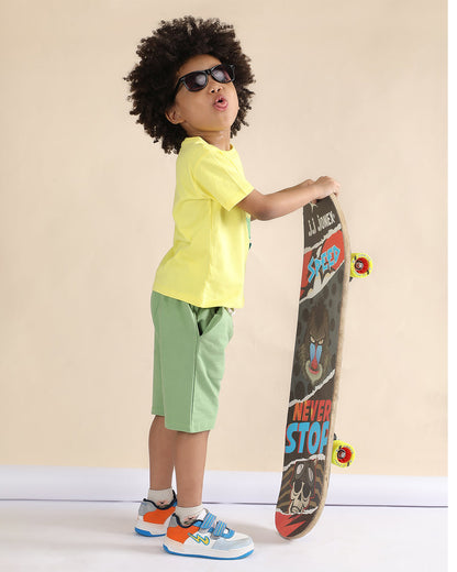 Polka Tots Yellow & Green T-shirt & Shorts Set-Alligator Print-Cotton-For Infants