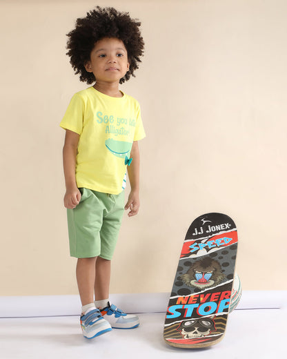 Polka Tots Yellow & Green T-shirt & Shorts Set-Alligator Print-Cotton-For Infants