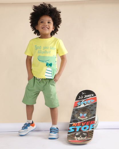 Polka Tots Yellow & Green T-shirt & Shorts Set-Alligator Print-Cotton-For Infants