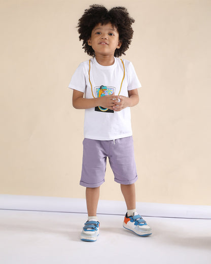 Polka Tots White & Lilac T-shirt & Shorts Set-Camera Print-Cotton-For Infants