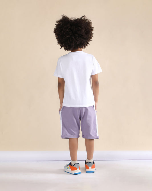 Polka Tots White & Lilac T-shirt & Shorts Set-Camera Print-Cotton-For Infants