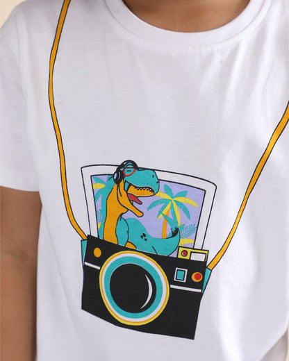 Polka Tots White & Lilac T-shirt & Shorts Set-Camera Print-Cotton-For Infants