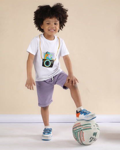 Polka Tots White & Lilac T-shirt & Shorts Set-Camera Print-Cotton-For Infants