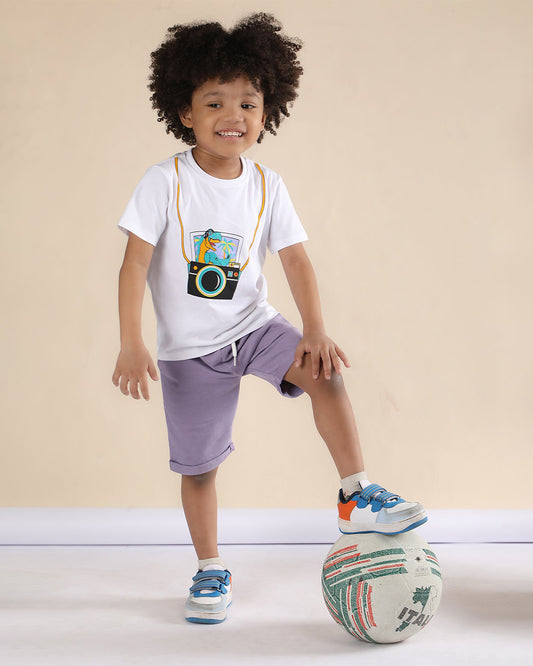 Polka Tots White & Lilac T-shirt & Shorts Set-Camera Print-Cotton-For Infants