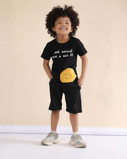 Polka Tots Black T-shirt & Shorts Set-Sun Patch-Cotton-For Infants