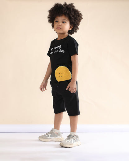 Polka Tots Black T-shirt & Shorts Set-Sun Patch-Cotton-For Infants