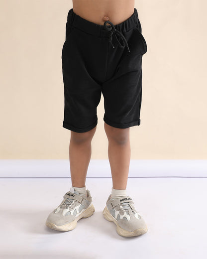 Polka Tots Black T-shirt & Shorts Set-Sun Patch-Cotton-For Infants