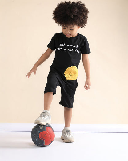 Polka Tots Black T-shirt & Shorts Set-Sun Patch-Cotton-For Infants