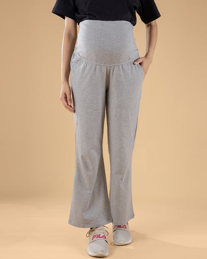 Wobbly Walk Grey Maternity Trouser-Solid Color-Cotton-Boot Cut-Bump Friendly