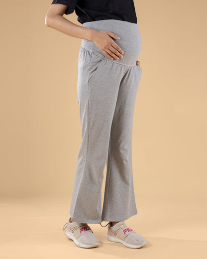 Wobbly Walk Grey Maternity Trouser-Solid Color-Cotton-Boot Cut-Bump Friendly