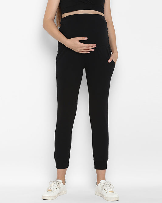 Wobbly Walk Black Maternity Jogger-Solid Color-Cotton-Tight Fit-Bump Friendly