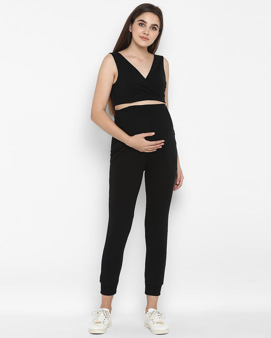 Wobbly Walk Black Maternity Jogger-Solid Color-Cotton-Tight Fit-Bump Friendly