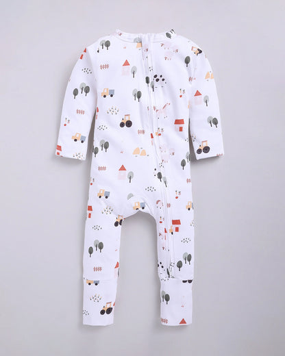 Cot & Candy Baby White Sleepsuit-Farm Animals-Organic Cotton-For Infants