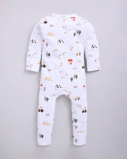 Cot & Candy Baby White Sleepsuit-Farm Animals-Organic Cotton-For Infants