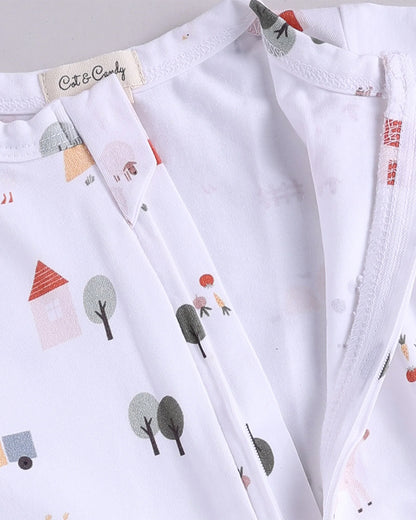 Cot & Candy Baby White Sleepsuit-Farm Animals-Organic Cotton-For Infants