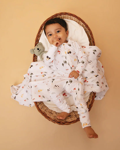 Cot & Candy Baby White Sleepsuit-Farm Animals-Organic Cotton-For Infants