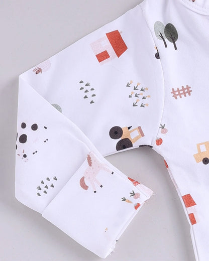 Cot & Candy Baby White Sleepsuit-Farm Animals-Organic Cotton-For Infants