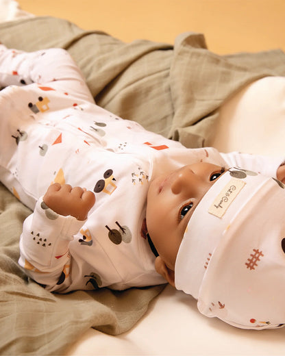 Cot & Candy Baby White Sleepsuit-Farm Animals-Organic Cotton-For Infants