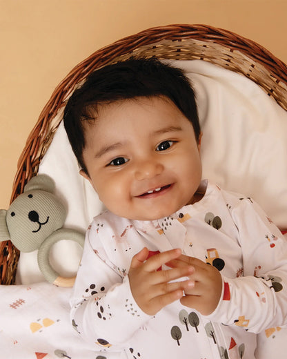 Cot & Candy Baby White Sleepsuit-Farm Animals-Organic Cotton-For Infants