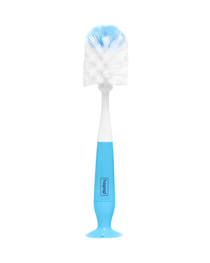 Hopop 2 in 1 Bottle & Nipple Cleaning Brush Set-Grooved Handle With Suction Base-Flexible Bristles-Comfortable Grip-Blue