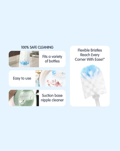 Hopop 2 in 1 Bottle & Nipple Cleaning Brush Set-Grooved Handle With Suction Base-Flexible Bristles-Comfortable Grip-Blue