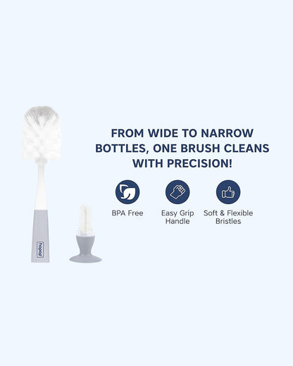 Hopop 2 in 1 Bottle & Nipple Cleaning Brush Set-Grooved Handle With Suction Base-Flexible Bristles-Comfortable Grip-Blue